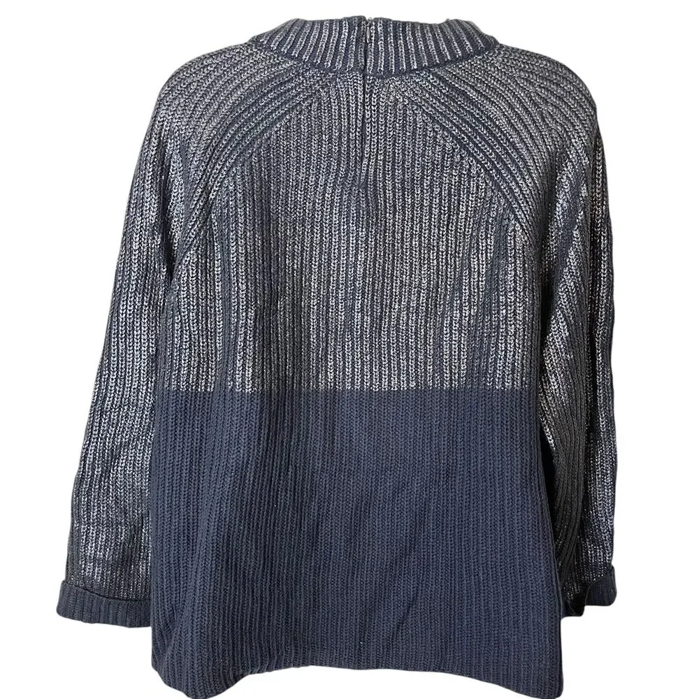 Chicos Womens Cotton Blend Navy Metallic Long Sleeve Chunky Knit Sweater 2 L